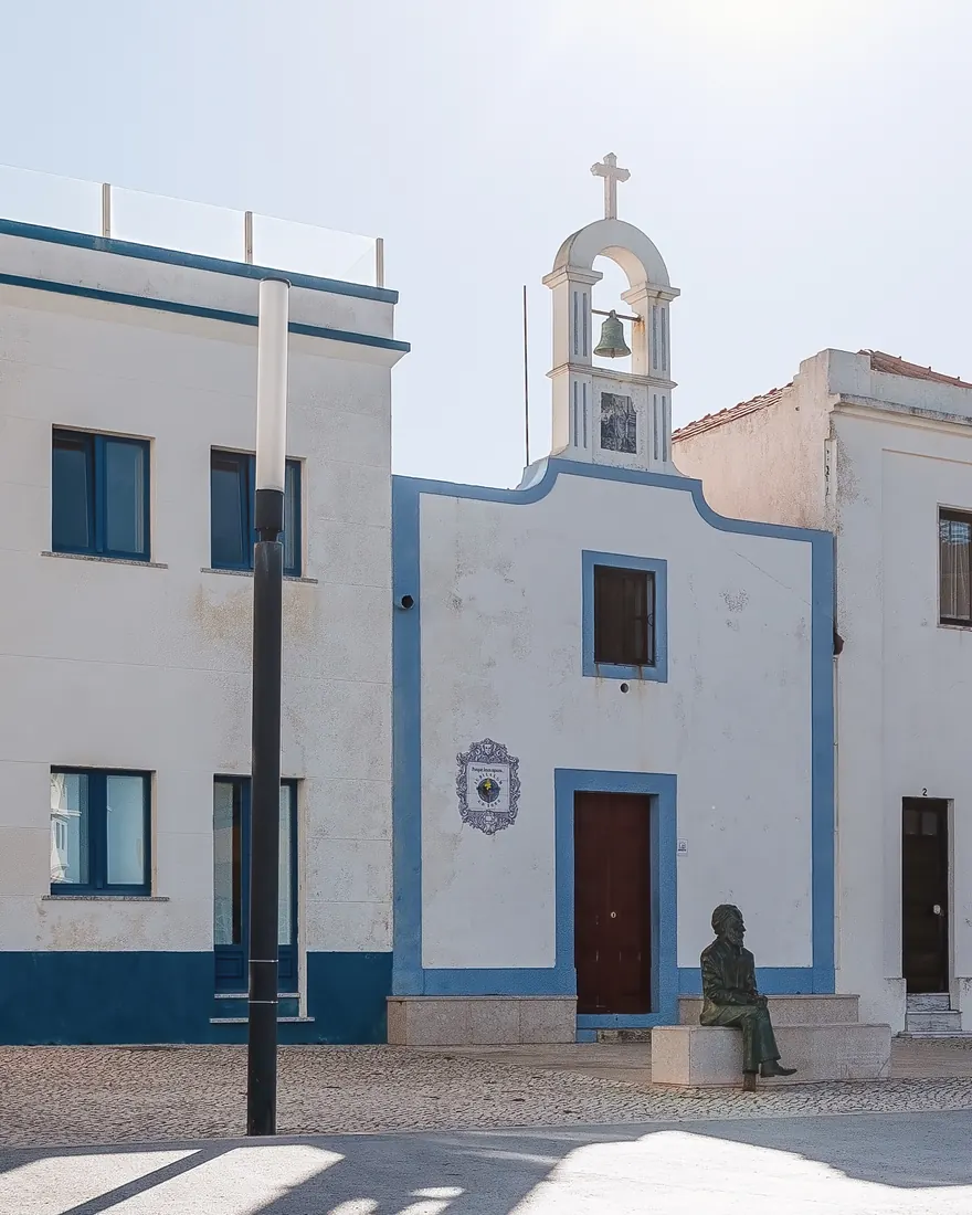Traditional white and blue church in a village in the Oeste region.